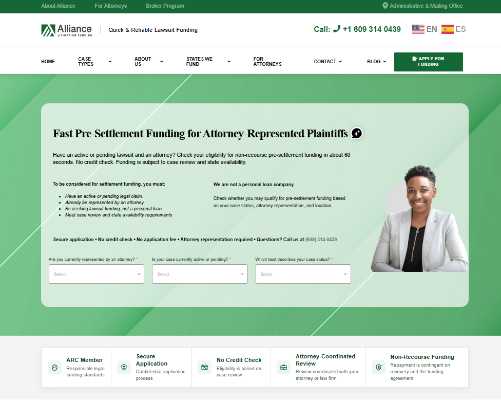 Alliance Litigation Funding website and eligibility form